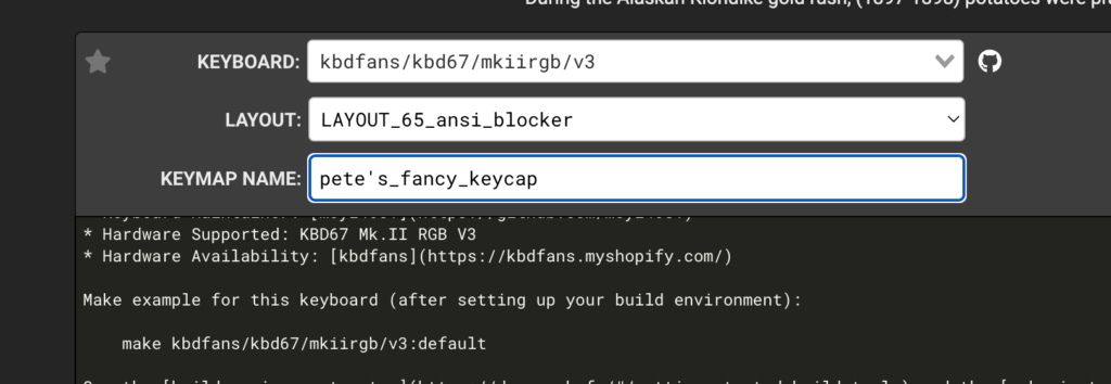 qmk configurator keyboard layout and name